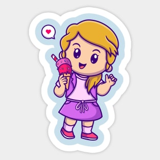 Cute Girl Holding Ice Cream Cartoon Sticker